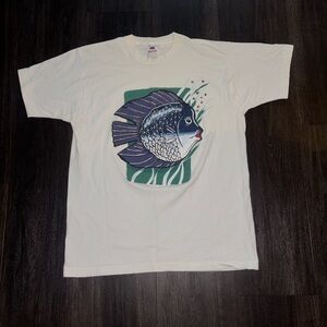 Vintage Fish T-shirt XL White Fruit OF The Loom USA Made 90s Ocean